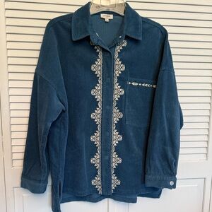 Umgee Ladies Blue Corduroy Shacket with White Embroidery